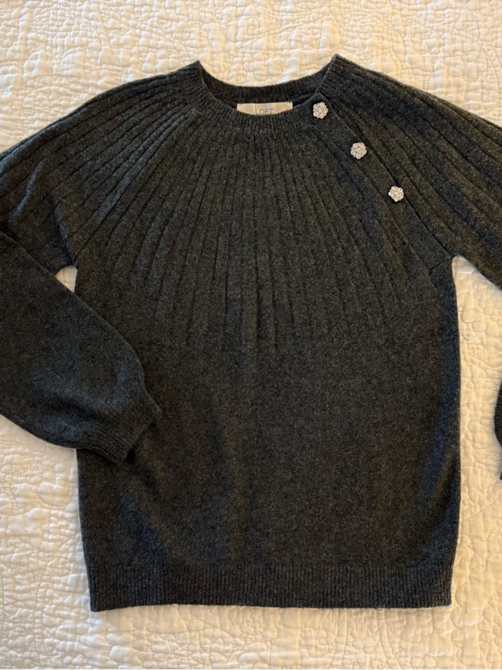 LOFT Charcoal Ribbed Cashmere-Blend Crewneck Sweater with Decorative Buttons